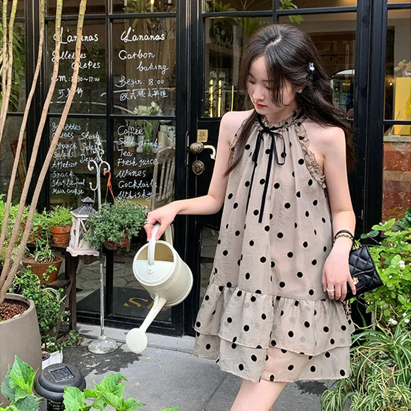 XIAOJUCHUANLI Sleeveless Dress Women's Polka Dot Brown-2