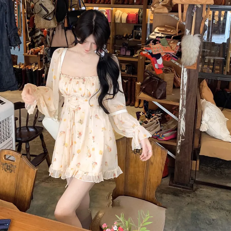 XIAOJUCHUANLI Long Sleeved Dress Women's Yellow Floral-6