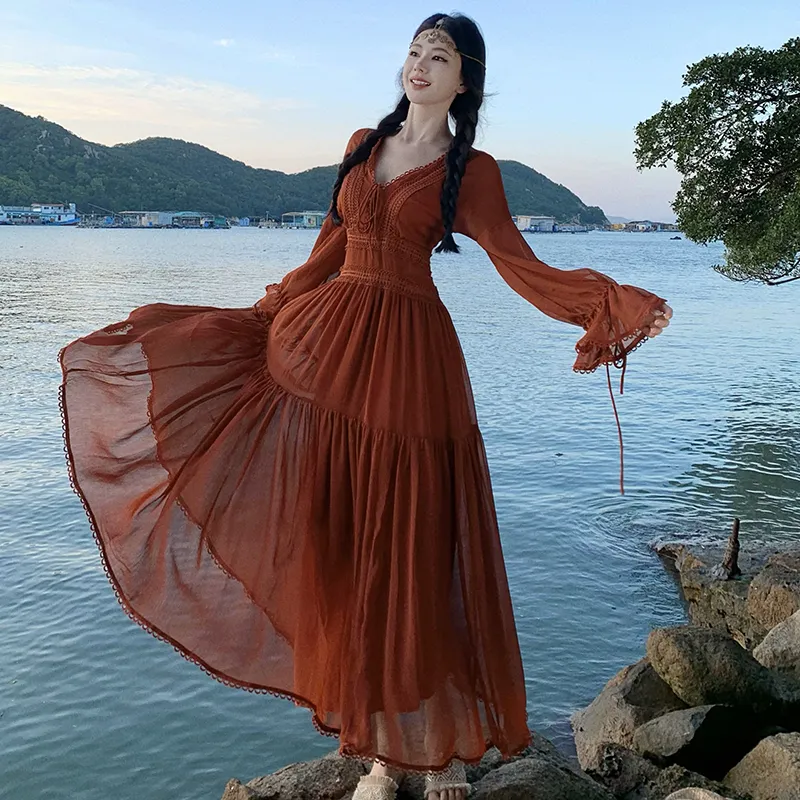 XIAOJUCHUANLI Long Sleeved Dresses Women's Vintage Red-2