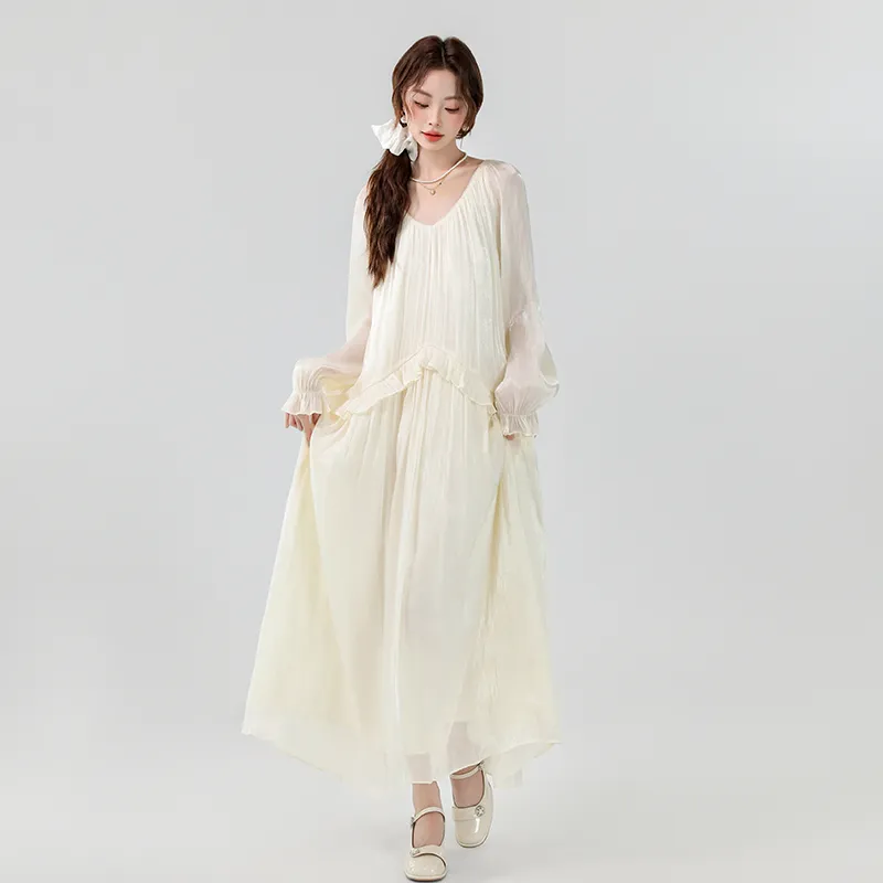 XIAOJUCHUANLI Long Sleeved Dress Women's Apricot-1