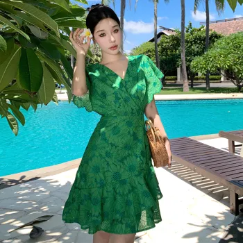 XIAOJUCHUANLI Short Sleeved Dresses Women's Green
