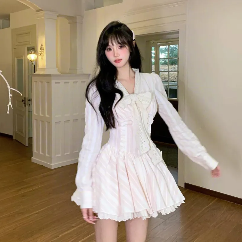 XIAOJUCHUANLI Long Sleeved Dresses Women's Pink White-2