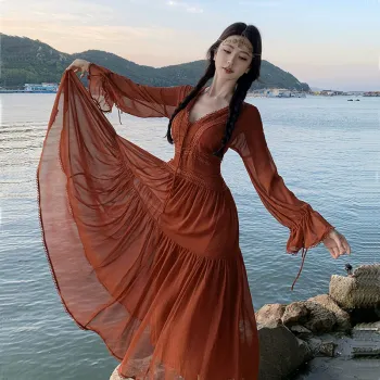 XIAOJUCHUANLI Long Sleeved Dresses Women's Vintage Red