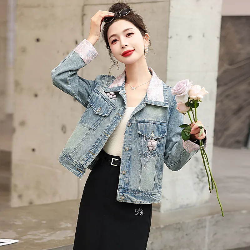 XIAOJUCHUANLI Denim Jacket Women's Light Blue-3