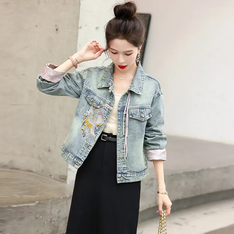 XIAOJUCHUANLI Denim Jacket Women's Light Blue-1