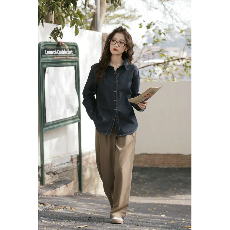 XIAOJUCHUANLI Denim Jacket Women's Dark Blue-2