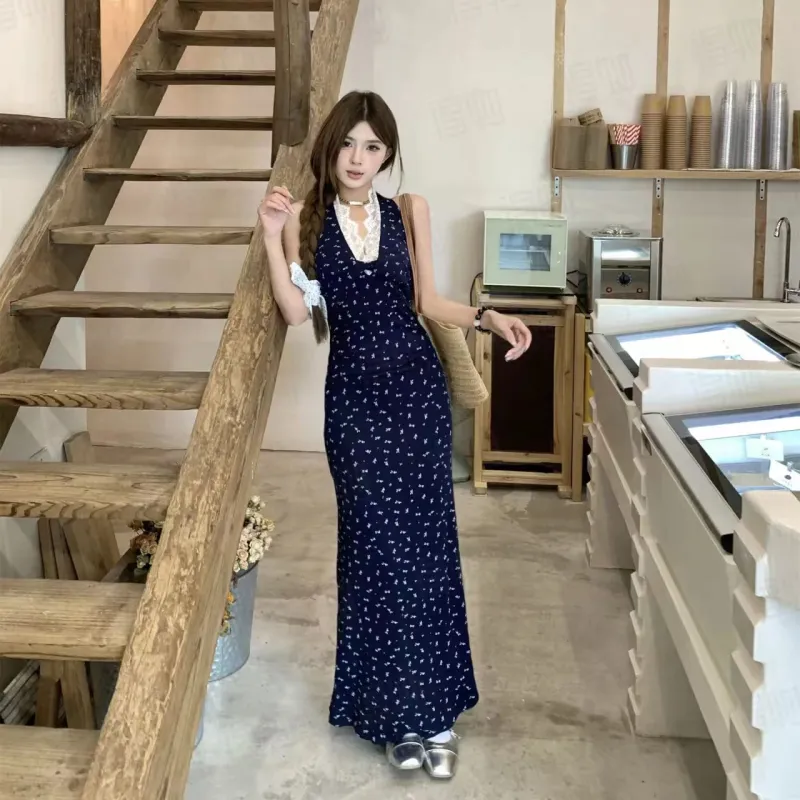 XIAOJUCHUANLI Slip Dress Women's Blue Print-4