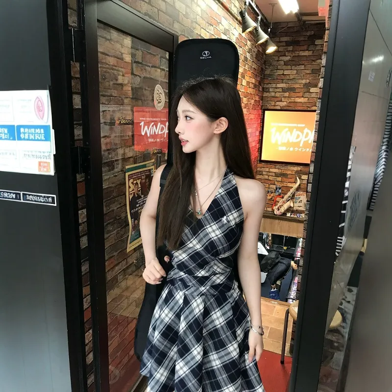 XIAOJUCHUANLI Sleeveless Dress Women's Black White Plaid-4