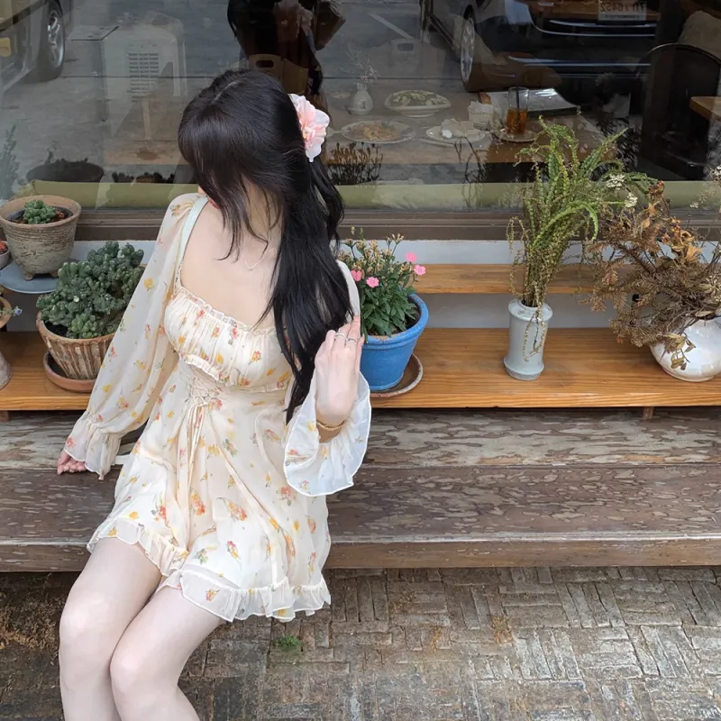 XIAOJUCHUANLI Long Sleeved Dress Women's Yellow Floral-7