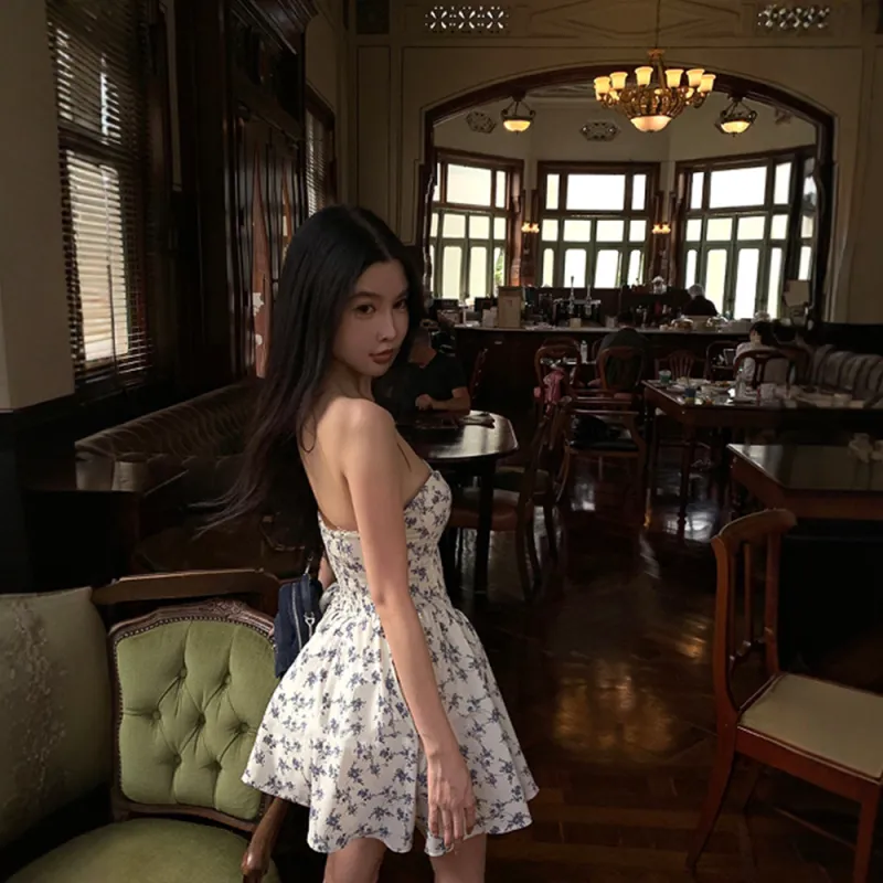 XIAOJUCHUANLI Slip Dress Women's White With Blue Floral-4