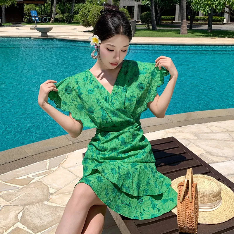 XIAOJUCHUANLI Short Sleeved Dresses Women's Green-1
