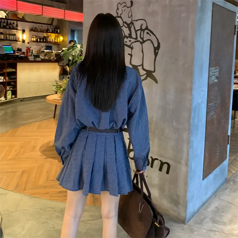 XIAOJUCHUANLI Long Sleeved Dresses Women's Blue Plaid Skirt-4