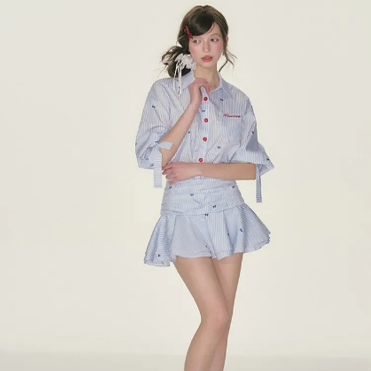 XIAOJUCHUANLI Long Sleeved Dress Women's Blue White Stripes-3