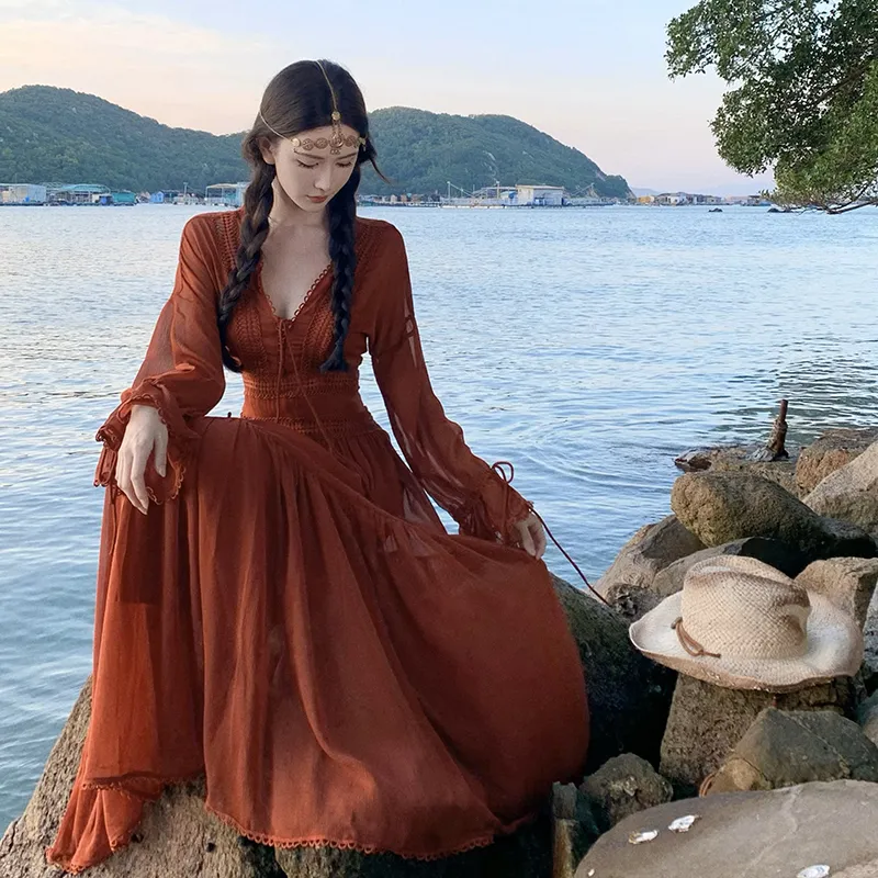 XIAOJUCHUANLI Long Sleeved Dresses Women's Vintage Red-1