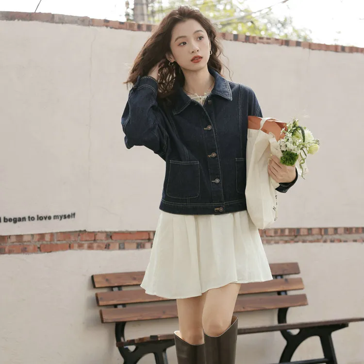 XIAOJUCHUANLI Denim Jacket Women's Dark Blue-2