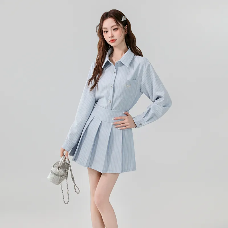 XIAOJUCHUANLI Skirt Set Women's Light Blue Stripes-2