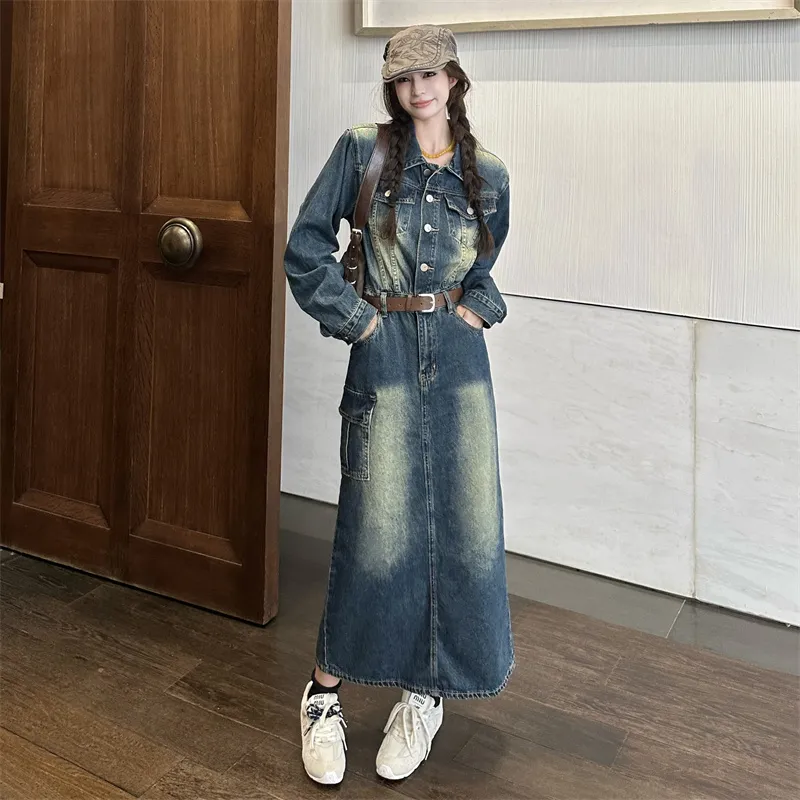 XIAOJUCHUANLI Long Sleeved Dresses Women's Vintage Blue-2