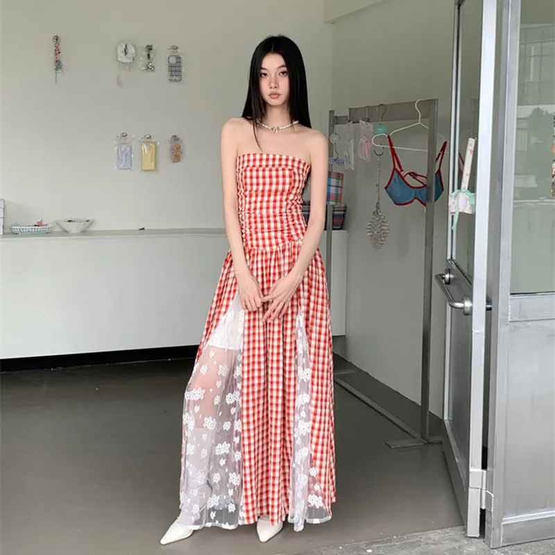 XIAOJUCHUANLI Slip Dress Women's Red And White Plaid-6
