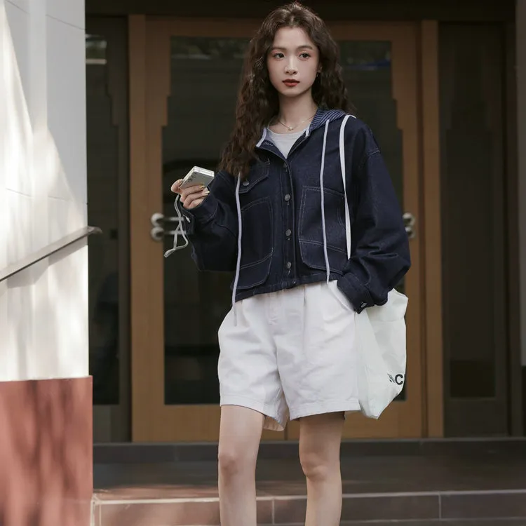 XIAOJUCHUANLI Denim Jacket Women's Dark Blue-2