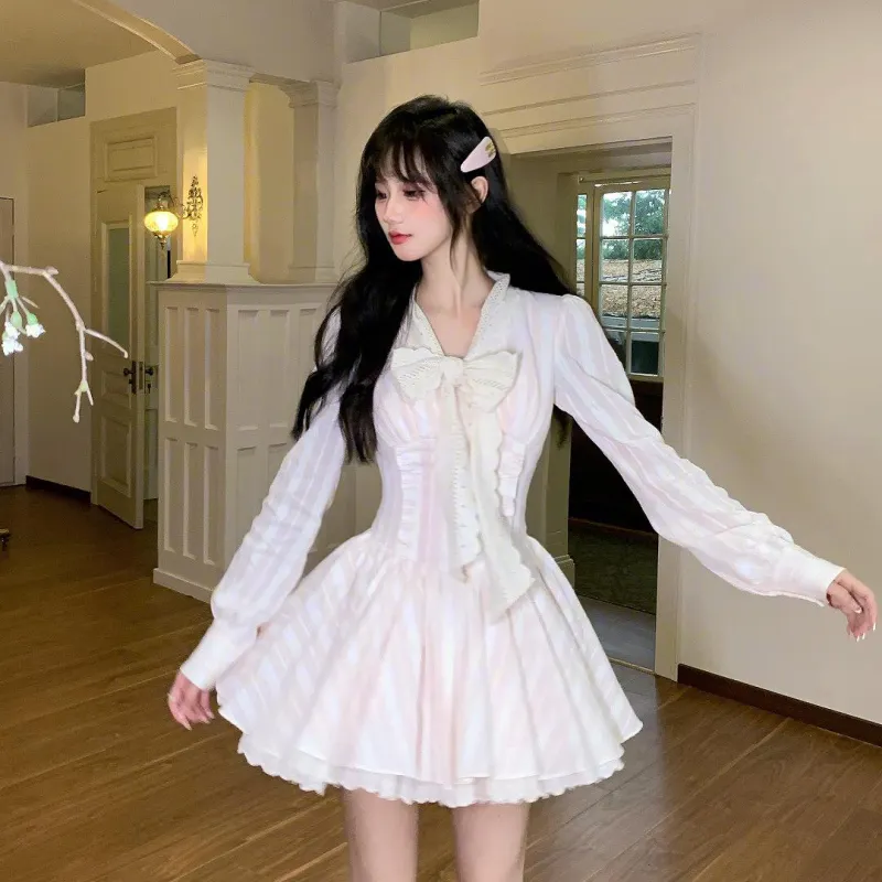 XIAOJUCHUANLI Long Sleeved Dresses Women's Pink White-4
