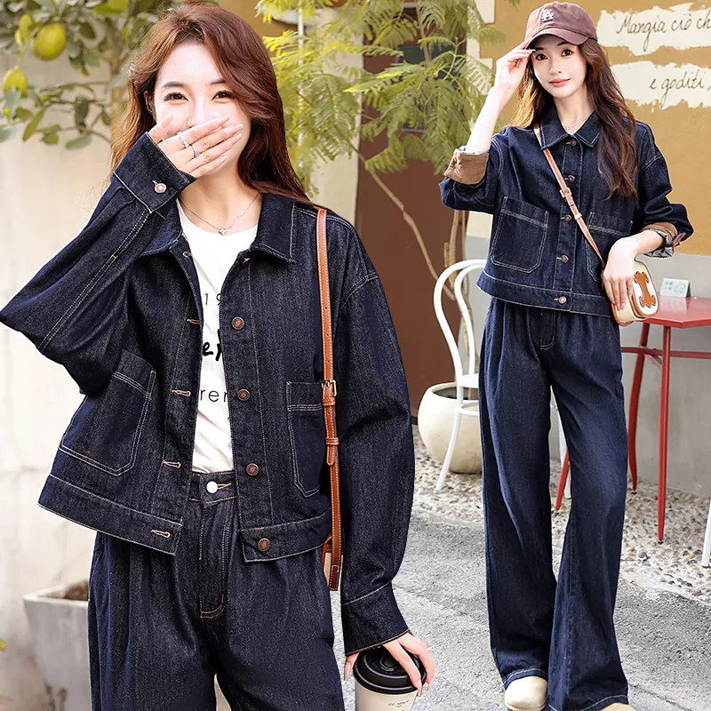 XIAOJUCHUANLI Denim Jacket Women's Dark Blue-1