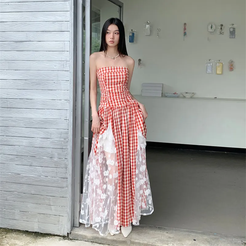 XIAOJUCHUANLI Slip Dress Women's Red And White Plaid-5