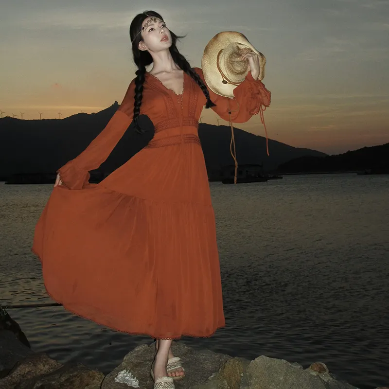 XIAOJUCHUANLI Long Sleeved Dresses Women's Vintage Red-3
