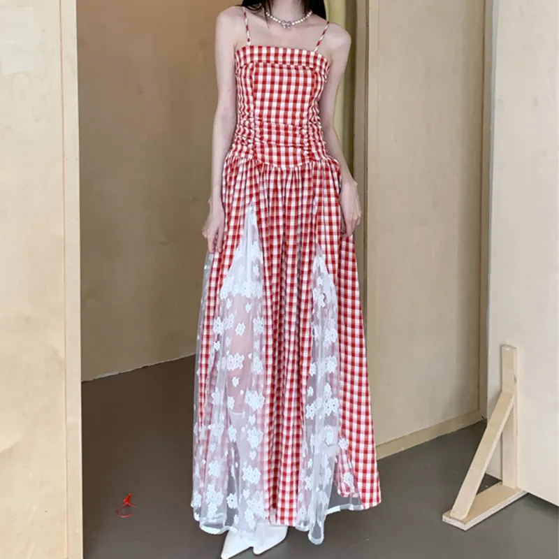 XIAOJUCHUANLI Slip Dress Women's Red And White Plaid-2
