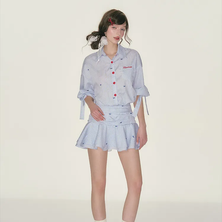 XIAOJUCHUANLI Long Sleeved Dress Women's Blue White Stripes-2