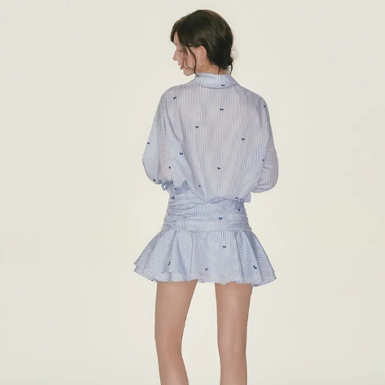 XIAOJUCHUANLI Long Sleeved Dress Women's Blue White Stripes-7