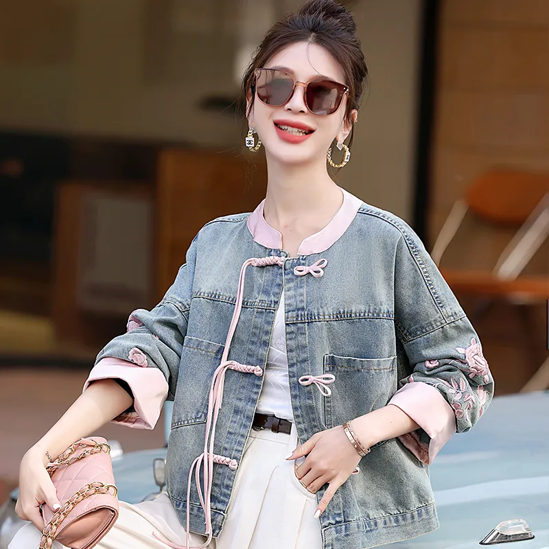 XIAOJUCHUANLI Denim Jacket Women's Pink-3