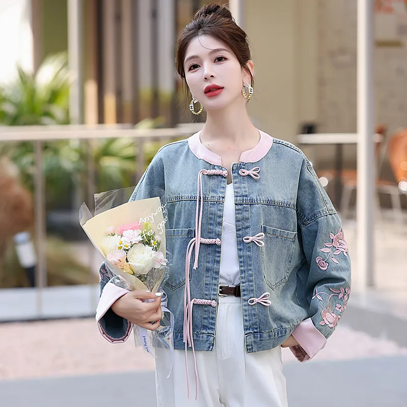 XIAOJUCHUANLI Denim Jacket Women's Pink-2