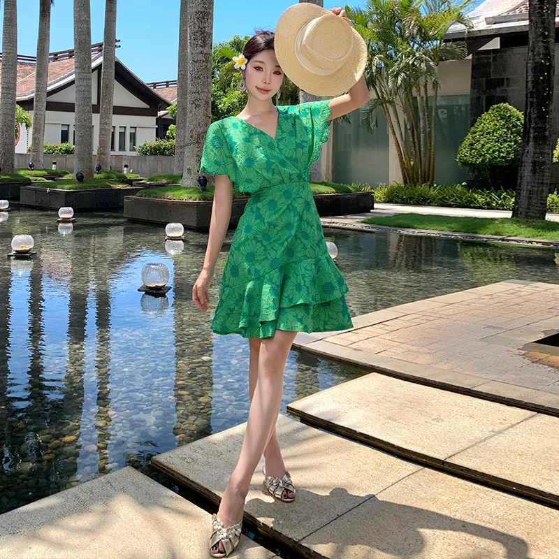 XIAOJUCHUANLI Short Sleeved Dresses Women's Green-3