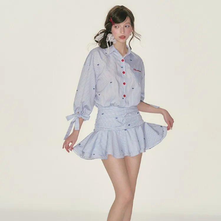 XIAOJUCHUANLI Long Sleeved Dress Women's Blue White Stripes-5