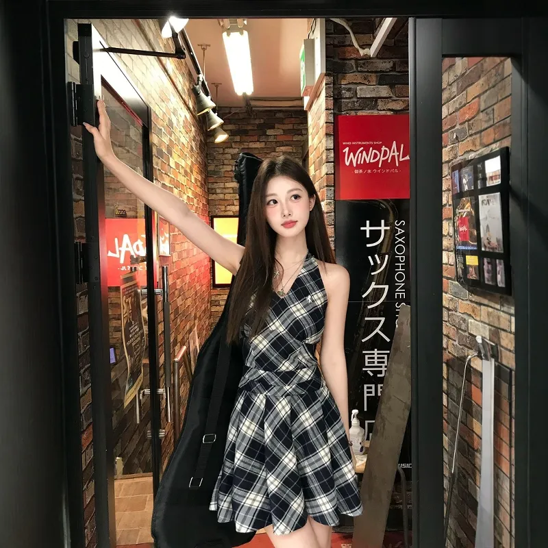 XIAOJUCHUANLI Sleeveless Dress Women's Black White Plaid-5