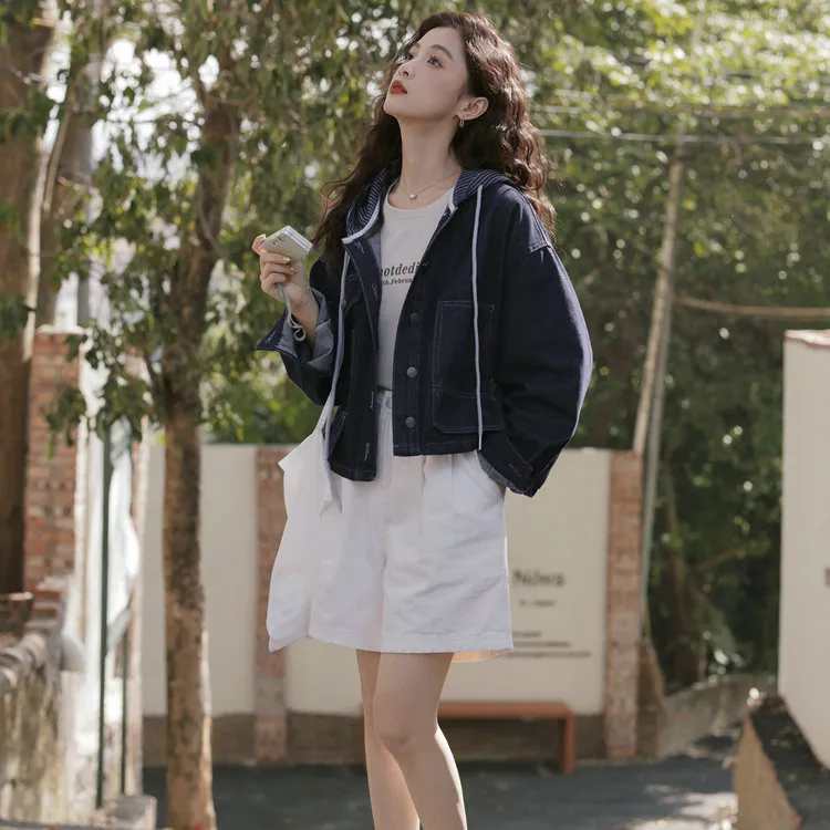 XIAOJUCHUANLI Denim Jacket Women's Dark Blue-1