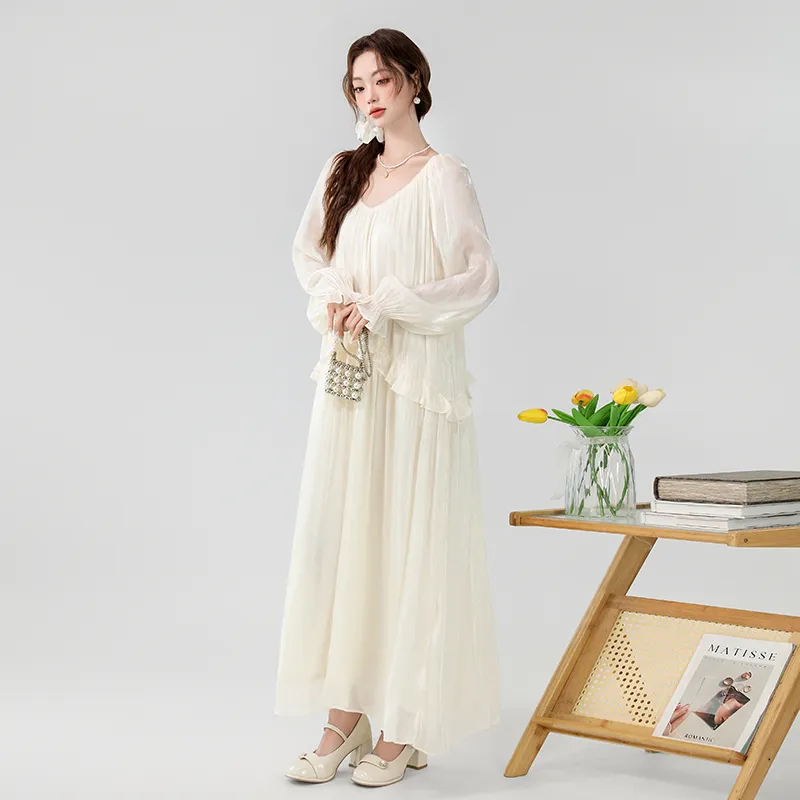 XIAOJUCHUANLI Long Sleeved Dress Women's Apricot-4