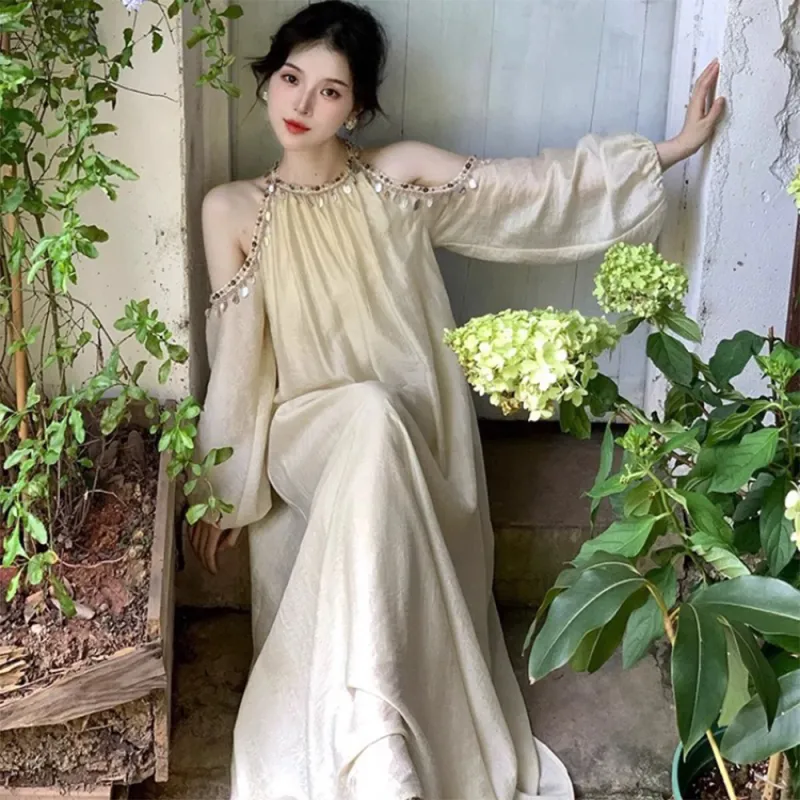 Long Sleeved Dress Women's Apricot Single Item-2