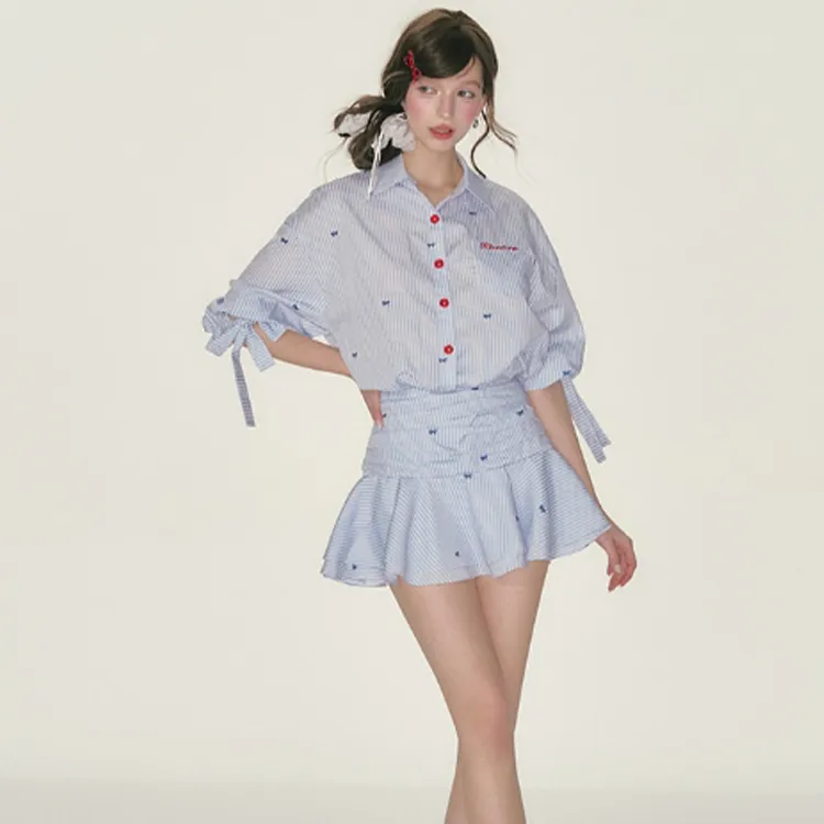 XIAOJUCHUANLI Long Sleeved Dress Women's Blue White Stripes-4