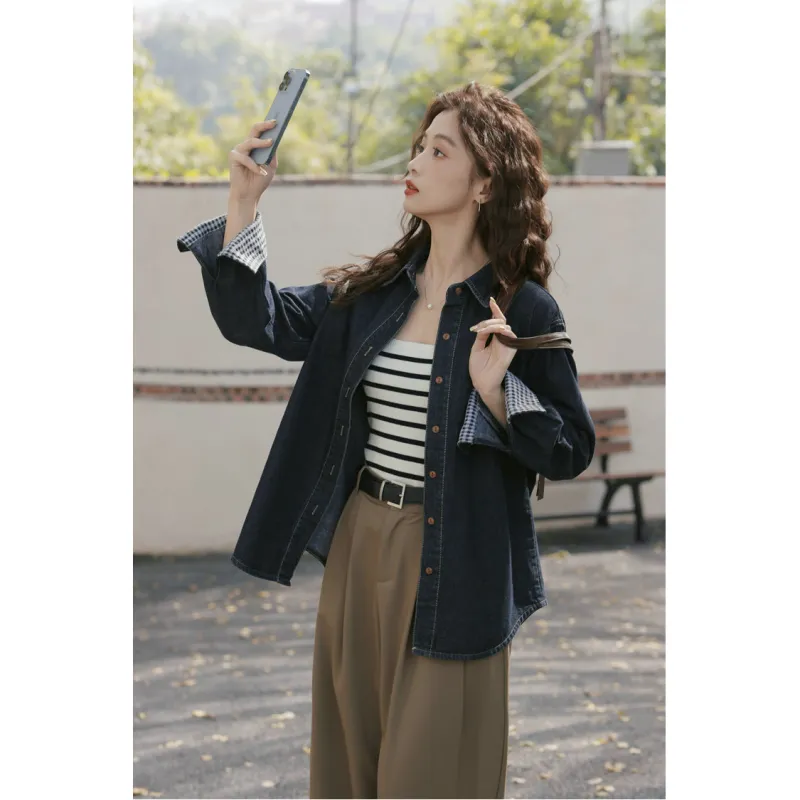 XIAOJUCHUANLI Denim Jacket Women's Dark Blue-1