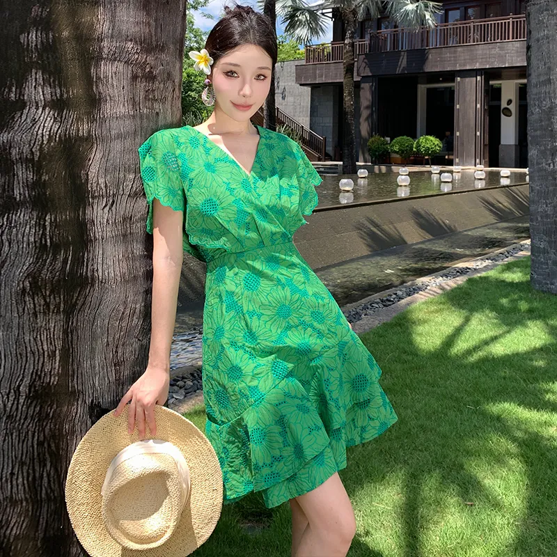 XIAOJUCHUANLI Short Sleeved Dresses Women's Green-2
