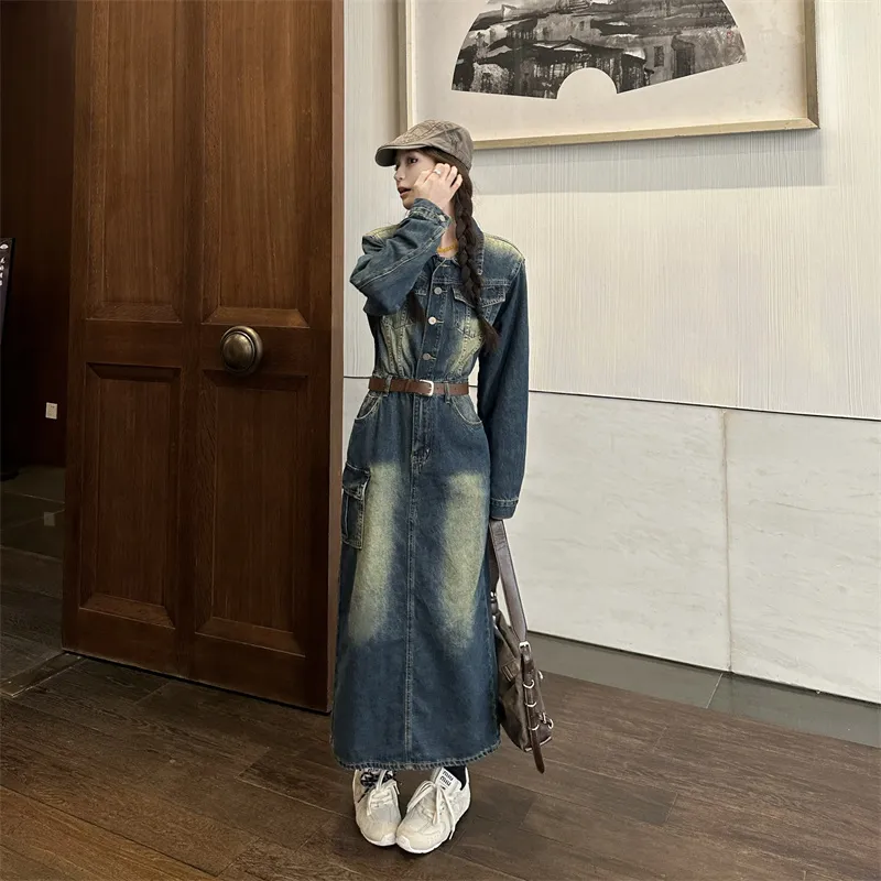 XIAOJUCHUANLI Long Sleeved Dresses Women's Vintage Blue-3
