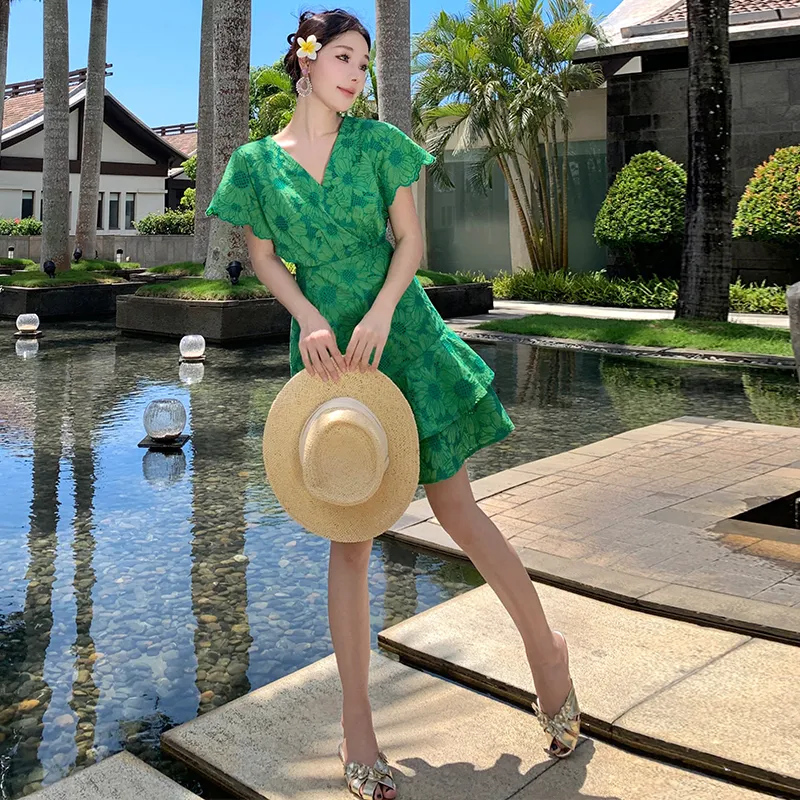 XIAOJUCHUANLI Short Sleeved Dresses Women's Green-4