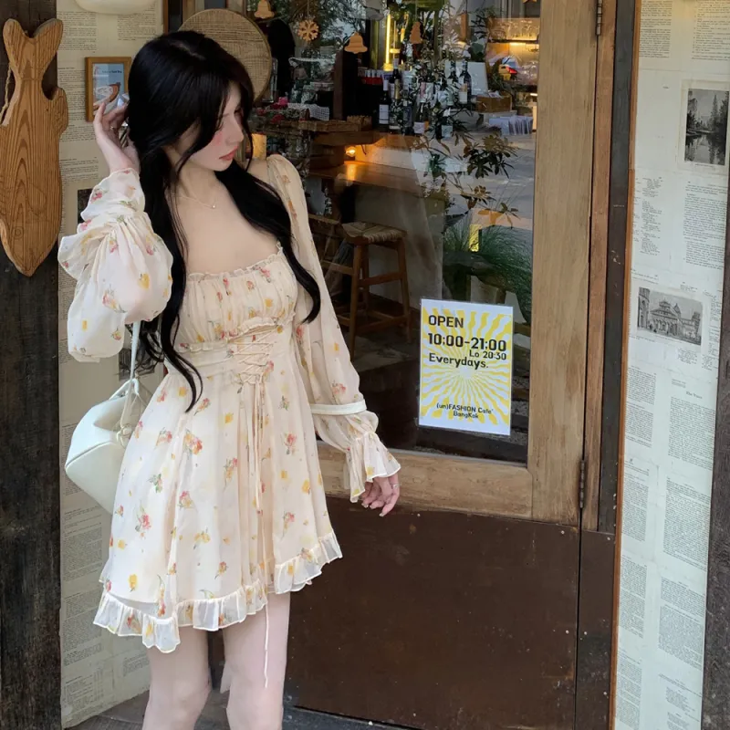 XIAOJUCHUANLI Long Sleeved Dress Women's Yellow Floral-4