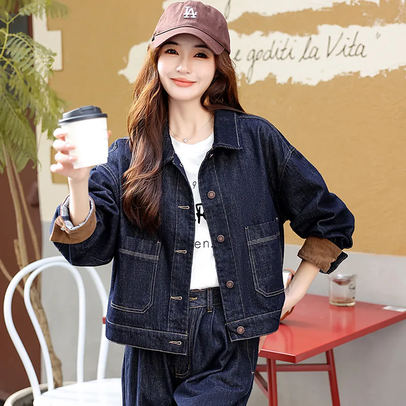 XIAOJUCHUANLI Denim Jacket Women's Dark Blue-2