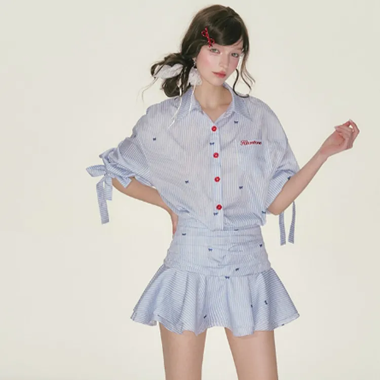 XIAOJUCHUANLI Long Sleeved Dress Women's Blue White Stripes-6