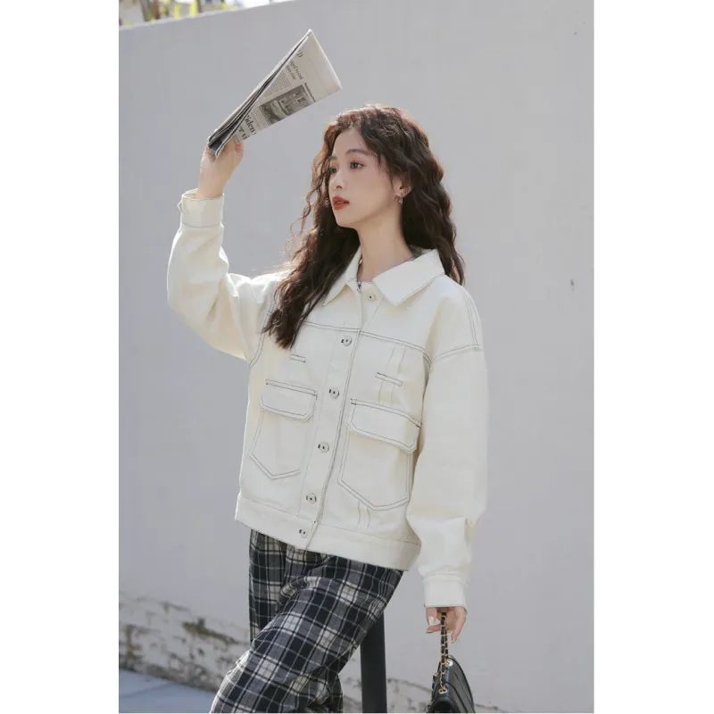 XIAOJUCHUANLI Denim Jacket Women's Apricot-1