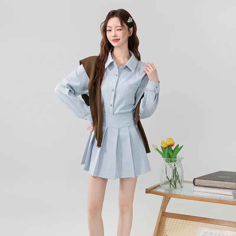 XIAOJUCHUANLI Skirt Set Women's Light Blue Stripes-4