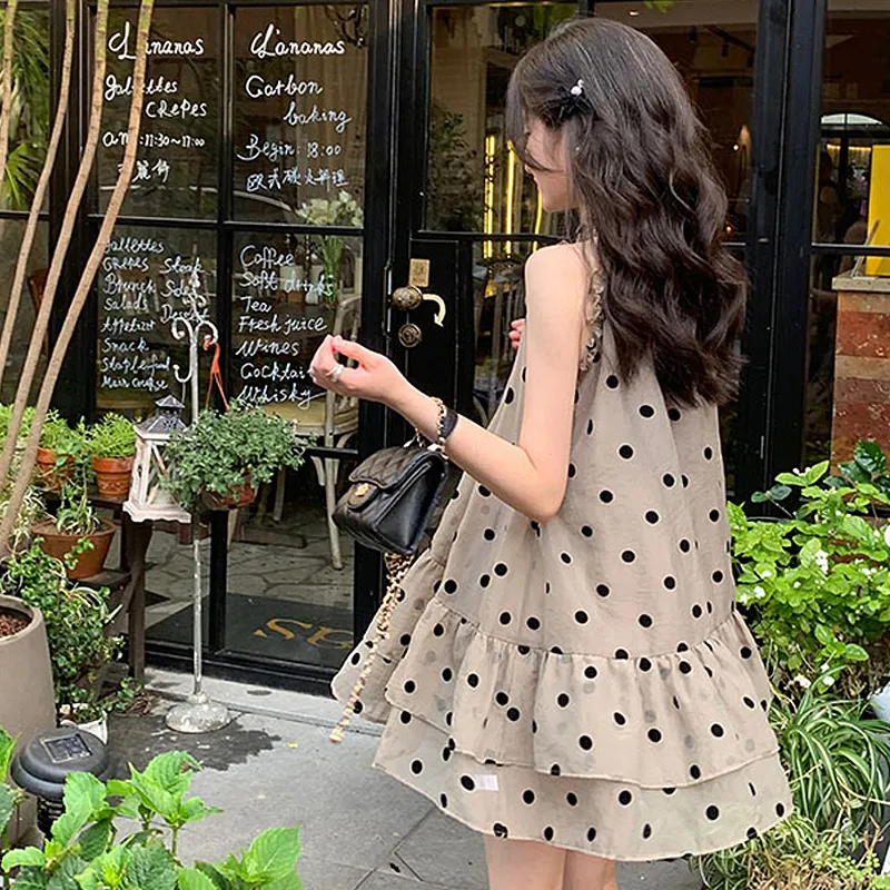 XIAOJUCHUANLI Sleeveless Dress Women's Polka Dot Brown-4