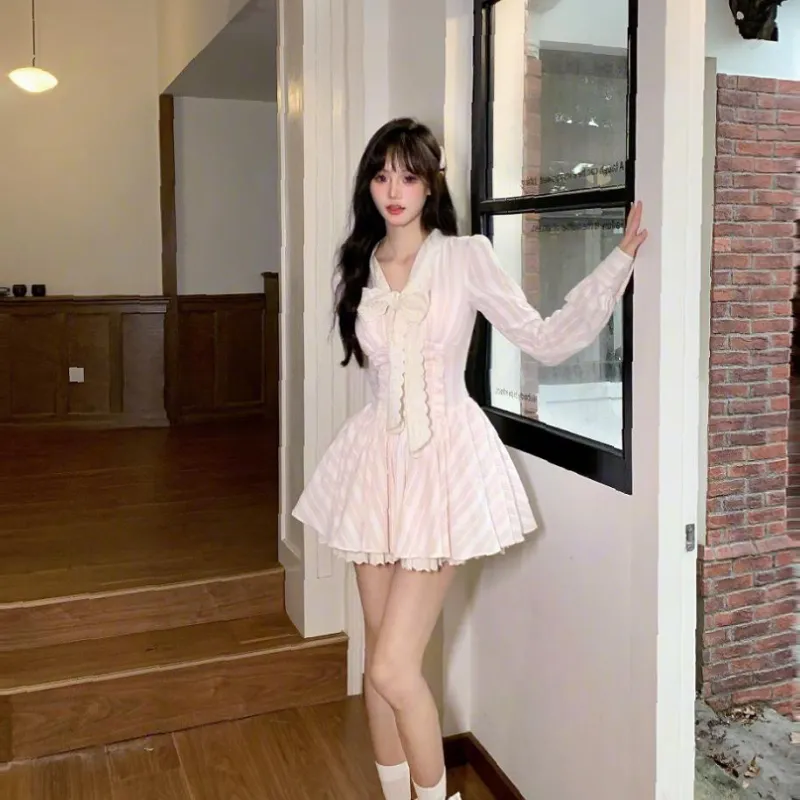 XIAOJUCHUANLI Long Sleeved Dresses Women's Pink White-3